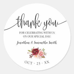Thank you Marsala Floral Wedding Country Chic Classic Round Sticker