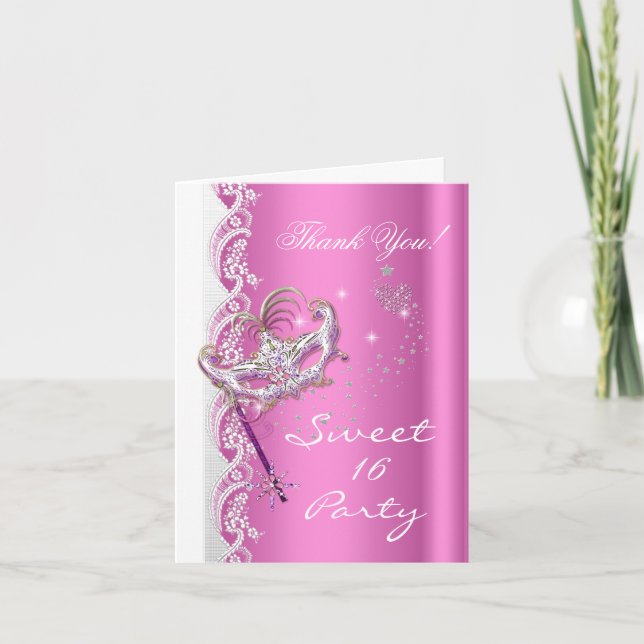 Thank You Masquerade Mask Sweet 16 Party Pink Card (Front)