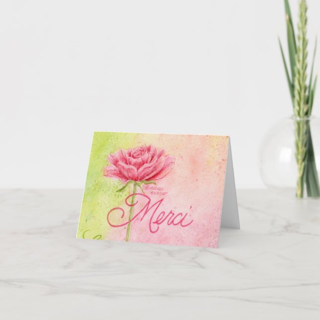 Thank You Merci Pink Rose Blank Note Card (Front)