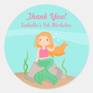 Thank You Mermaid Girls Birthday Party Stickers