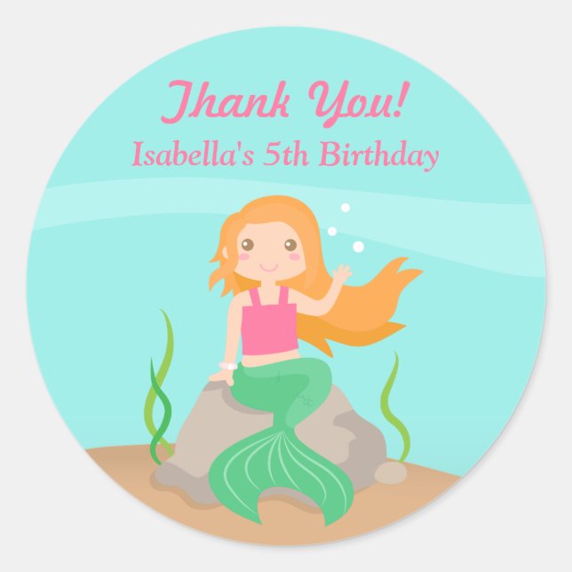 Thank You Mermaid Girls Birthday Party Stickers (Front)