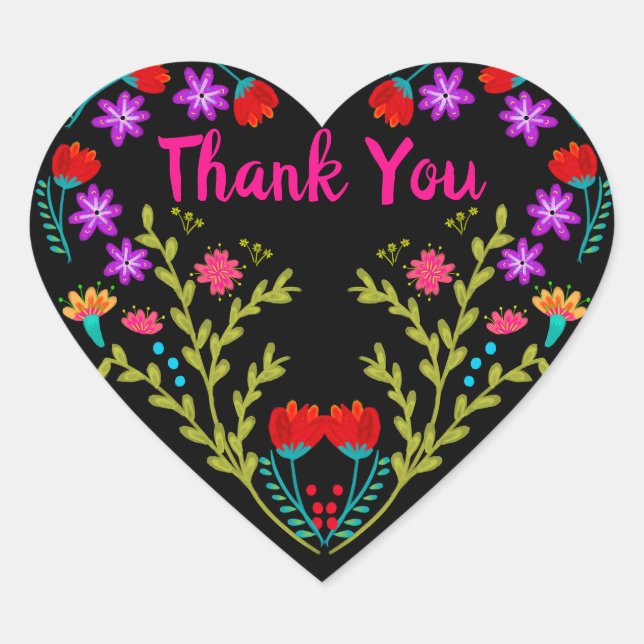 Thank You Mexican Fiesta Flowers Quinceanera Black Heart Sticker (Front)