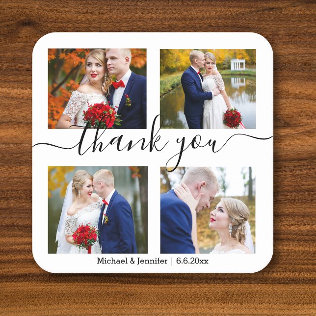 thank you,minimal 4 photos collage wedding chic square paper coaster (Creator Uploaded)