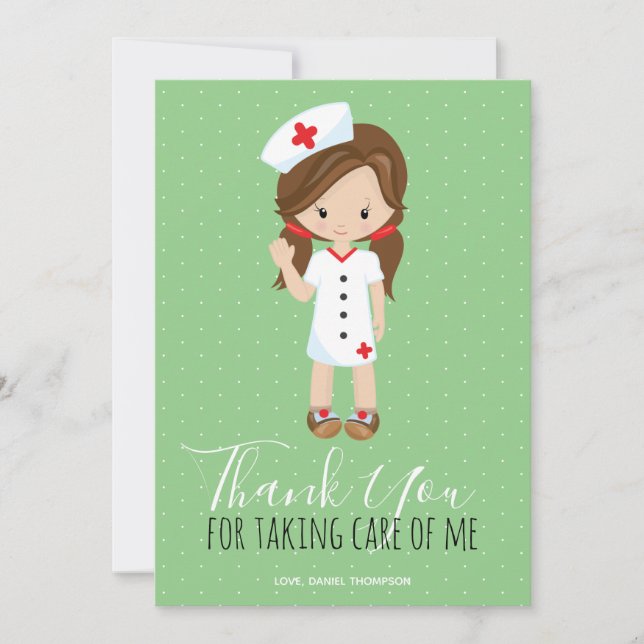Thank You Mint Green Script Brown Hair Nurse Card (Front)