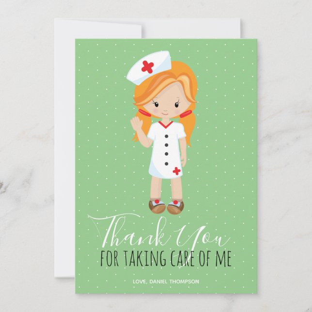 Thank You Mint Green Script Ginger Cartoon Nurse Card (Front)