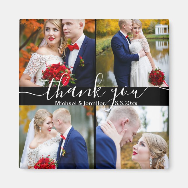 thank you,modern 4 photos wedding black magnet (Front)