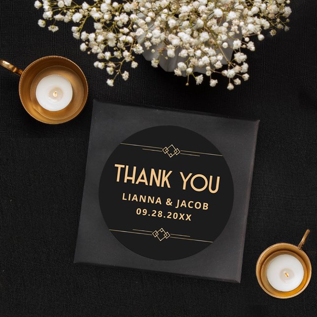 Thank You Modern Art Deco Black and Gold Wedding Classic Round Sticker (Creator Uploaded)