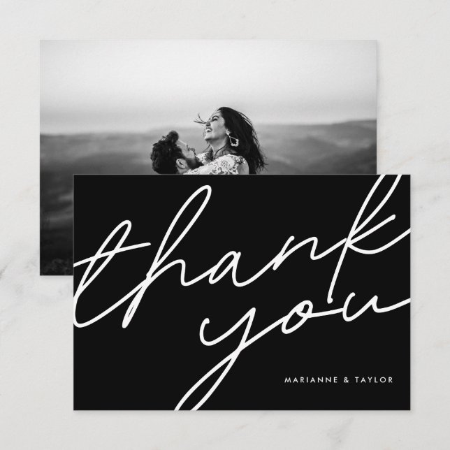 Thank You Modern Black Minimalist Script Wedding Card (Front/Back)