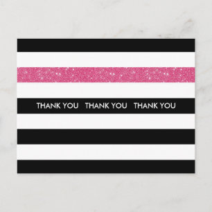 Thank You Modern Black White Stripes Pink Glitter Postcard
