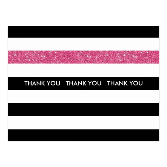 Thank You Modern Black White Stripes Pink Glitter Postcard