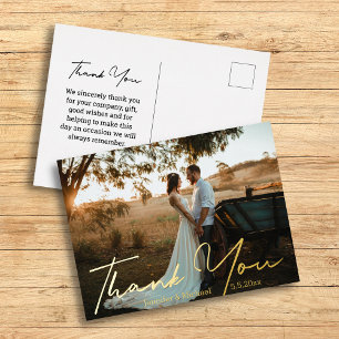 thank you,modern golden handwriting wedding photo  foil holiday postcard