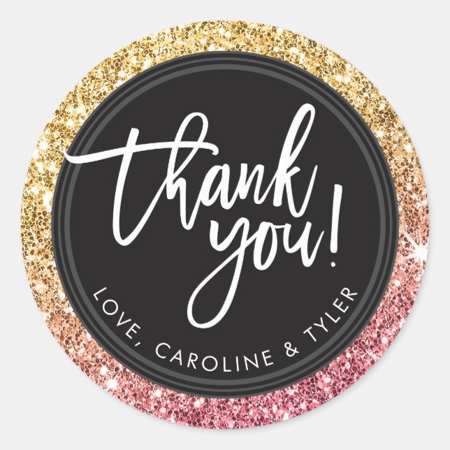 THANK YOU modern hand lettered gold pink glitter Classic Round Sticker (Front)