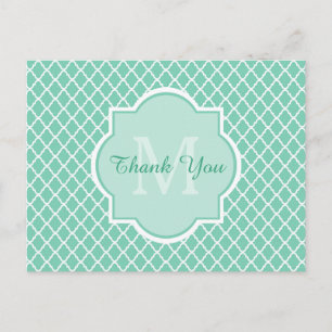 Thank You Modern Monogram Mint White Quatrefoil Postcard