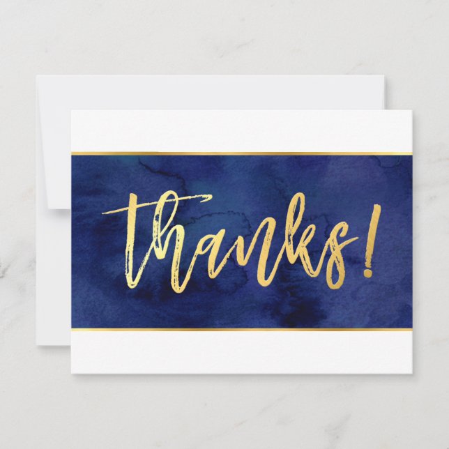THANK YOU modern navy blue watercolor gold writing Card (Front)