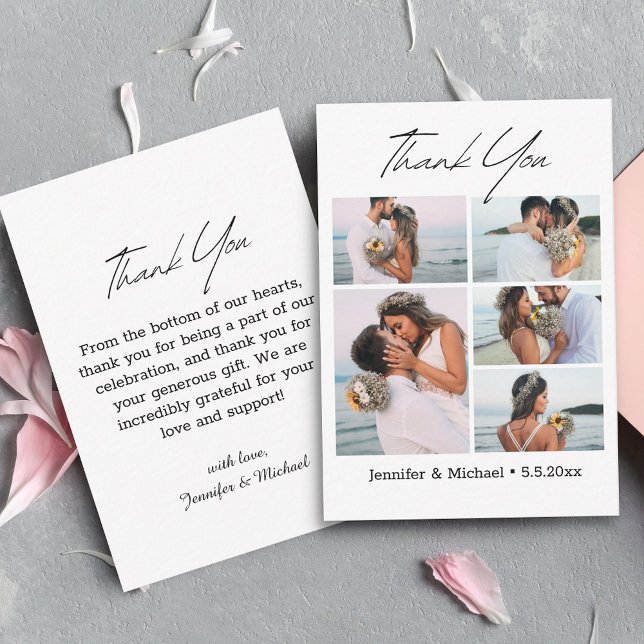 thank you modern script 5 photos collage wedding card (Creator Uploaded)