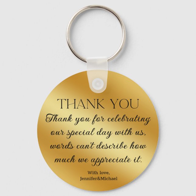 thank you modern script gold metallic wedding key ring (Front)