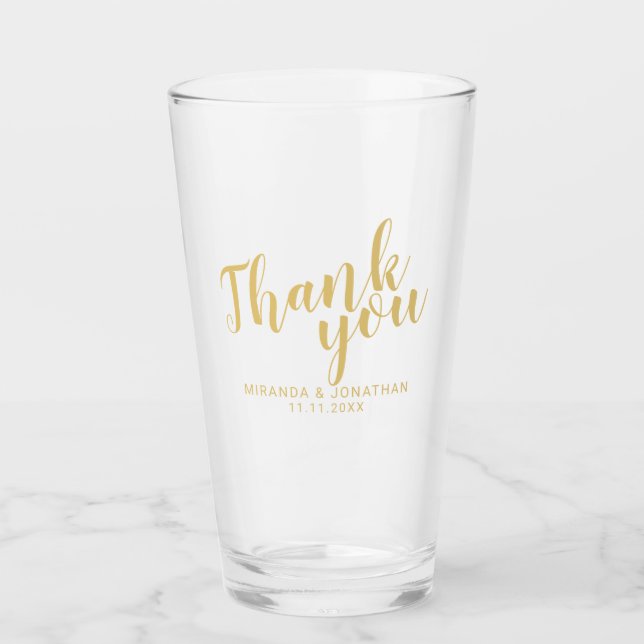 'Thank You' Modern Script Gold Wedding Favour Glass (Front)