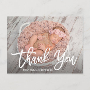 Thank You   Modern Script Photo Birth Announcement Postcard