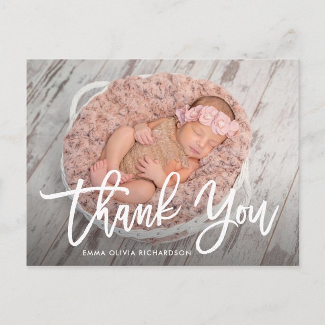 Thank You | Modern Script Photo Birth Announcement Postcard (Front)