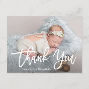 Thank You Modern Script Photo Birth Announcement Postcard