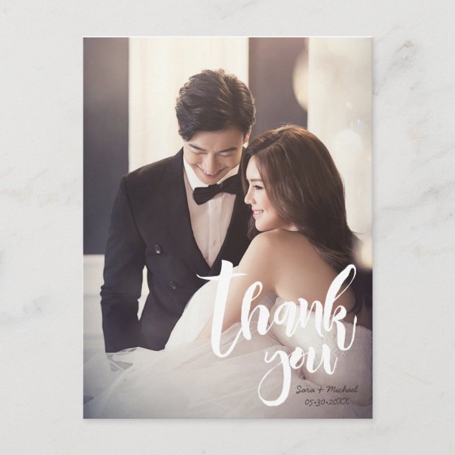 Thank you, Modern, Script • Photo, Names & date Postcard (Front)