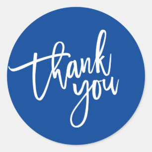 THANK YOU modern script type packaging royal blue Classic Round Sticker