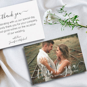 thank you modern script wedding photo card