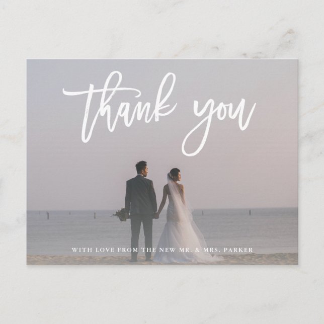 Thank You | Modern Script with Wedding Photo Postcard (Front)