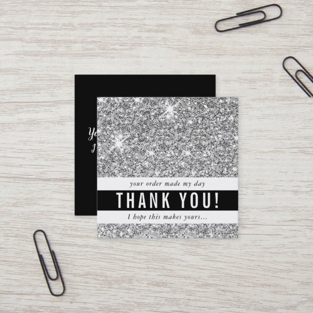 THANK YOU modern simple glam luxe silver glitter Square Business Card (Front/Back In Situ)