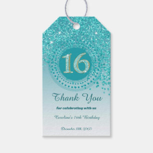Thank You, Modern Teal Glitter Sweet 16 Gift Tags