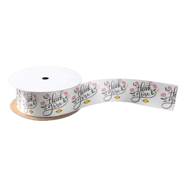 Thank you-Modern typography & floral accents Satin Ribbon (Spool)
