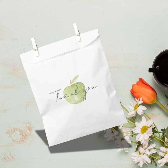 Thank you modern watercolor green apple  favour bags (Modern watercolor green apple with script saying thank you.)