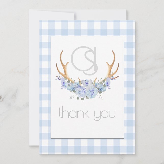 Thank you - Monogram Blue Gingham Floral BOHO Card (Front)