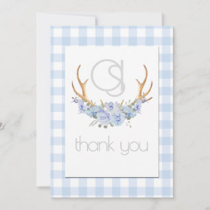 Thank you - Monogram Blue Gingham Floral BOHO Card