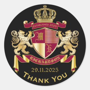 Thank You Monogram Coat of Arms Gold Red Emblem Classic Round Sticker