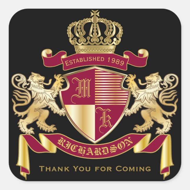 Thank You Monogram Coat of Arms Golden Lion Emblem Square Sticker (Front)