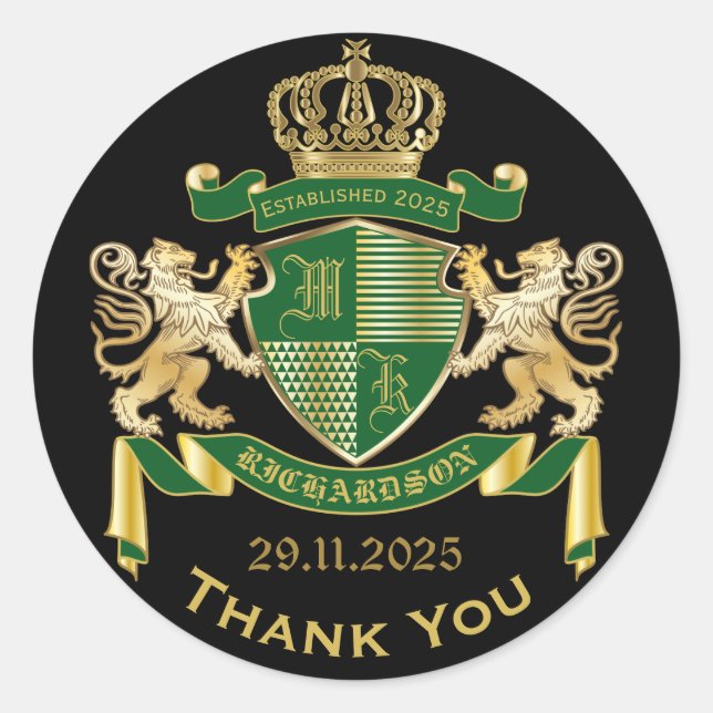 Thank You Monogram Coat of Arms Green Gold Griffin Classic Round Sticker (Front)