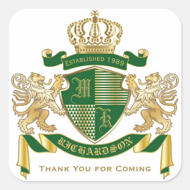 Thank You Monogram Coat of Arms Green Gold Lion Square Sticker (Front)