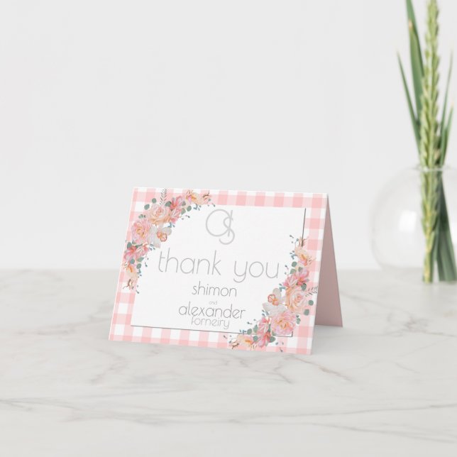 Thank You | Monogram Coral Gingham Note Card (Front)