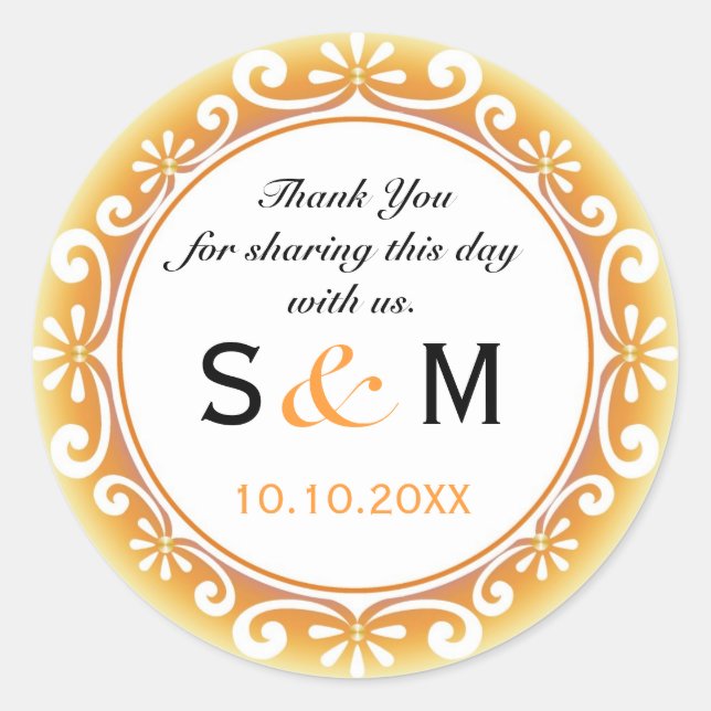 Thank You Monogram Wedding Favour Labels-Swirls Classic Round Sticker (Front)