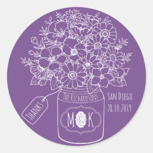 Thank You Monogram Wildflowers Bouquet Mason Jar Classic Round Sticker