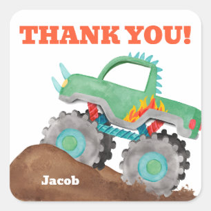 Thank You Monster Truck Birthday Bash Watercolor Square Sticker