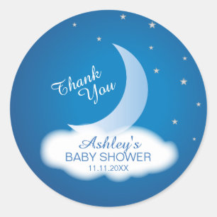 Thank You Moon and Stars Baby Shower - Blue/White Classic Round Sticker
