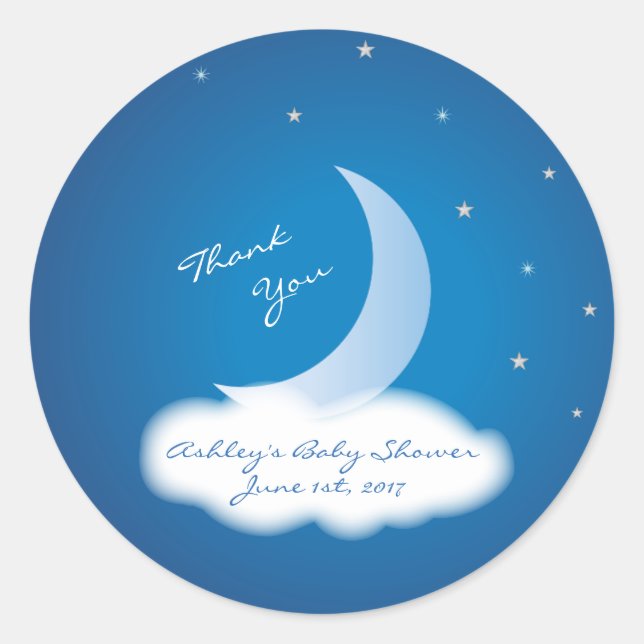 Thank You Moon and Stars Baby Shower - Blue/White Classic Round Sticker (Front)