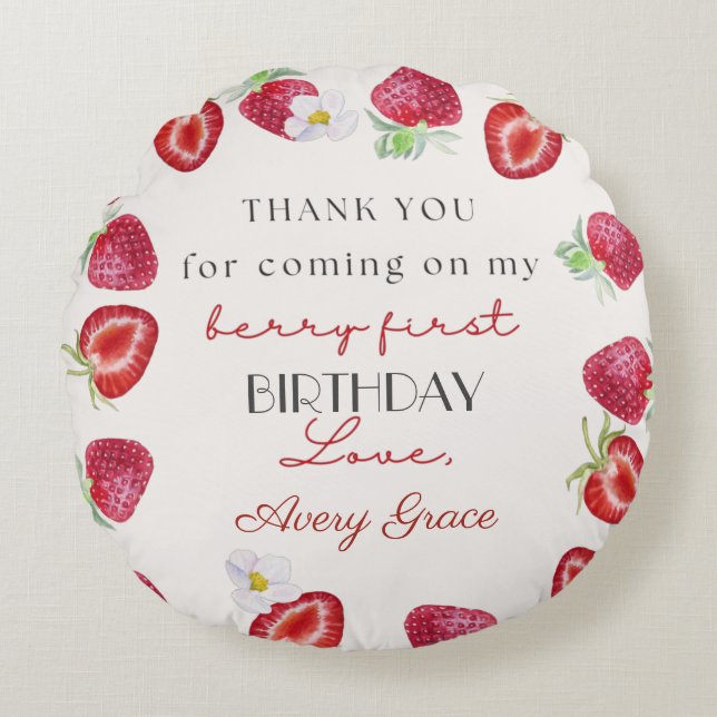 Thank You My Berry First Birthday Cute Strawberry  Round Cushion (Front)