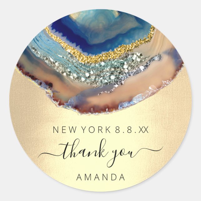 Thank You Name 16th Bridal Glitter Gold Blue Navy Classic Round Sticker (Front)