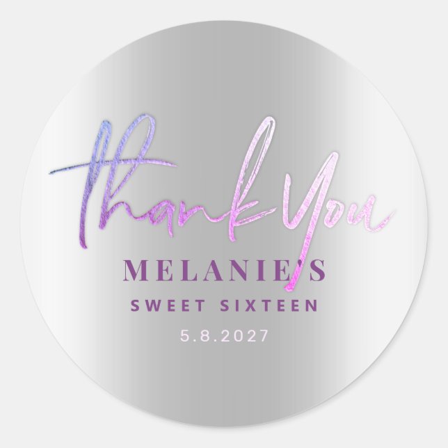 Thank You Name 16th Bridal Purple Silver Classic Round Sticker (Front)
