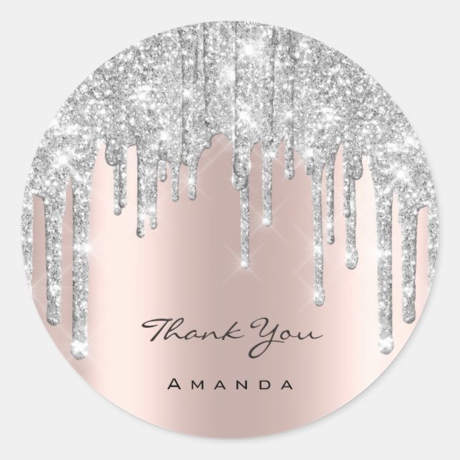Thank You Name 16th Bridal Rose Glitter Silver Classic Round Sticker (Front)