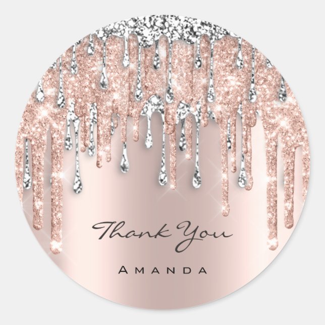 Thank You Name 16th Bridal Rose Grey Glitter Drips Classic Round Sticker (Front)