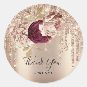 Thank You Name 16th Bridal Roses Drips Flowers Classic Round Sticker